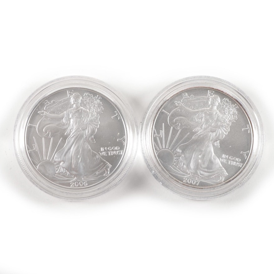 2006-W and 2007-W American Silver Eagle Uncirculated Bullion Coins