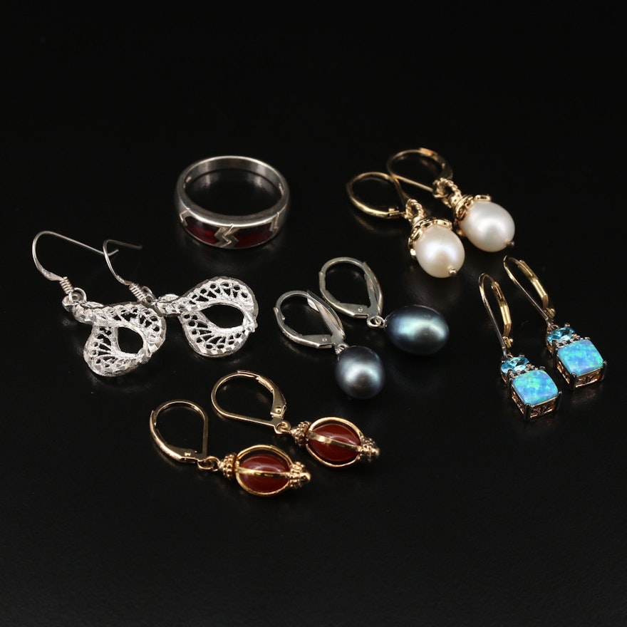 Sterling Silver Ring and Earrings Selection Featuring Carnelians and Pearls