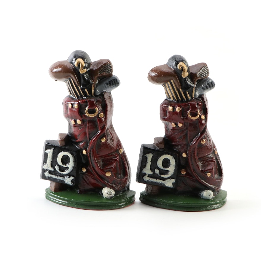 Cast Iron Cold Painted "19th Hole" Golf Themed Bookends, Contemporary