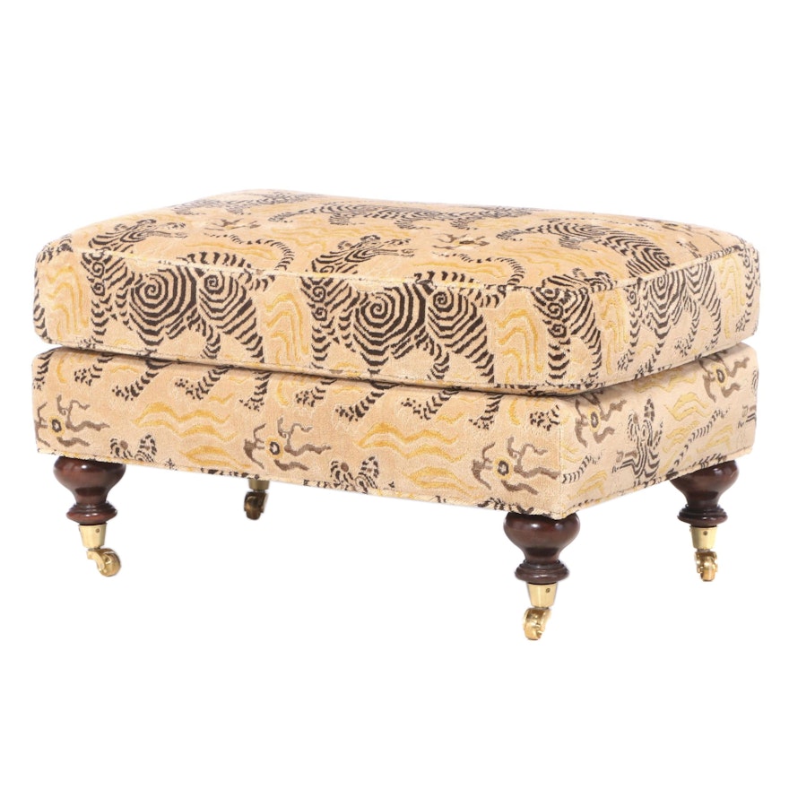 Tibetan Style Tiger Print Upholstered Ottoman on Casters