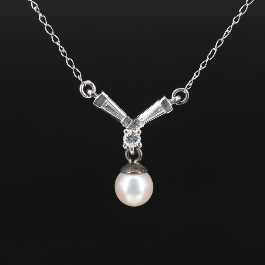 14K Pearl and Diamond Stationary Pendant Necklace