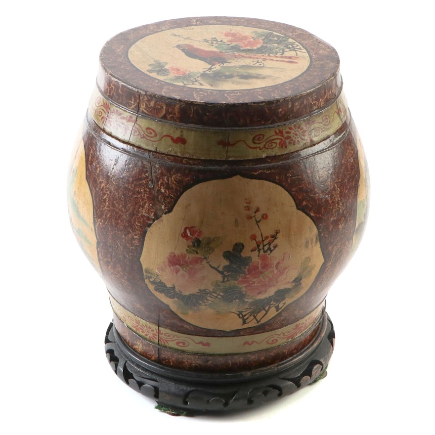 Chinese Hand Painted Wooden Rice Barrel on Carved Wooden Stand