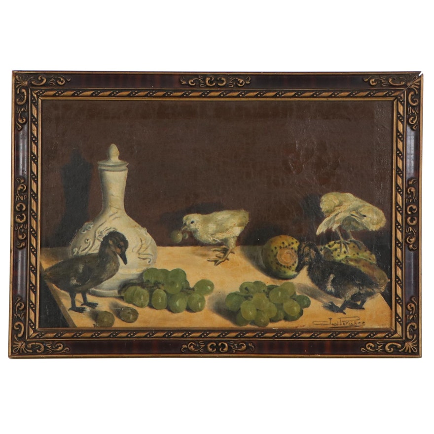 Jose Perianez Still Life Oil Painting of Chicks and Fruit, Mid-20th Century