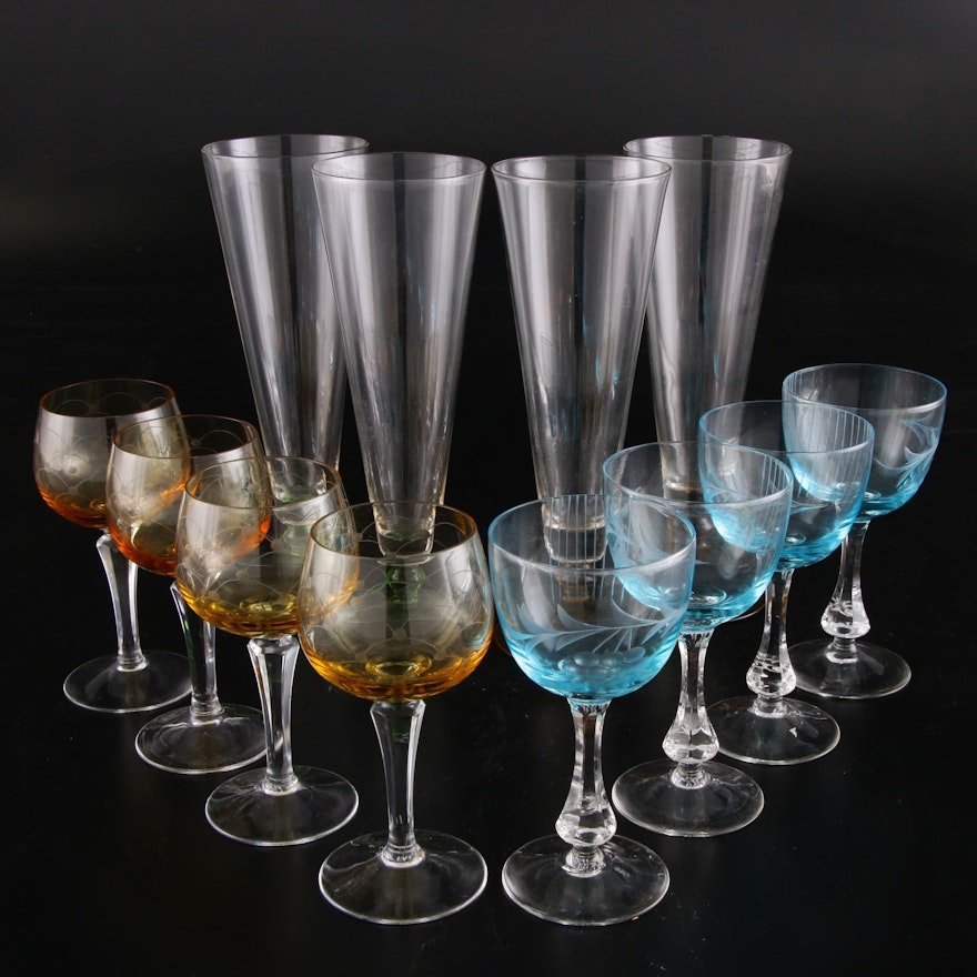Blue and Yellow Etched Wine Glasses with Green and Yellow Stemmed Beer Glasses
