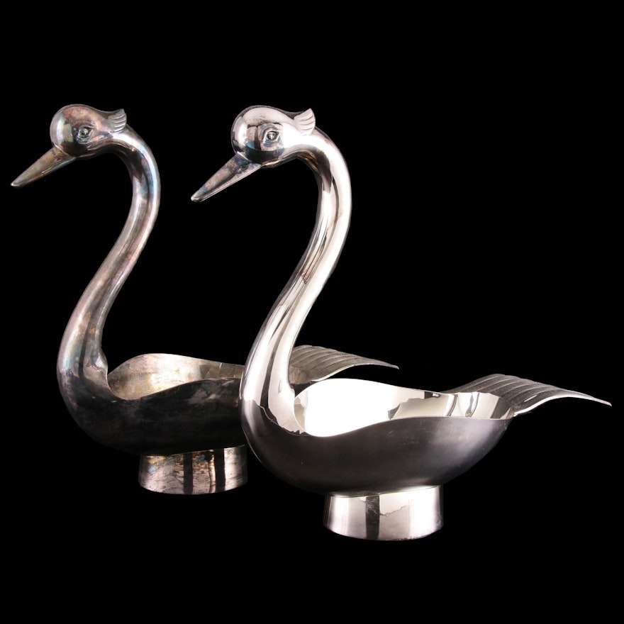 Pair of Corbell & Co. Silver Plate Swan Centerpieces, Mid to Late 20th Century