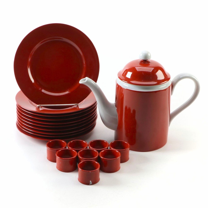 Fitz and Floyd Red Ceramic Teapot, Dessert Plates, and Napkin Rings