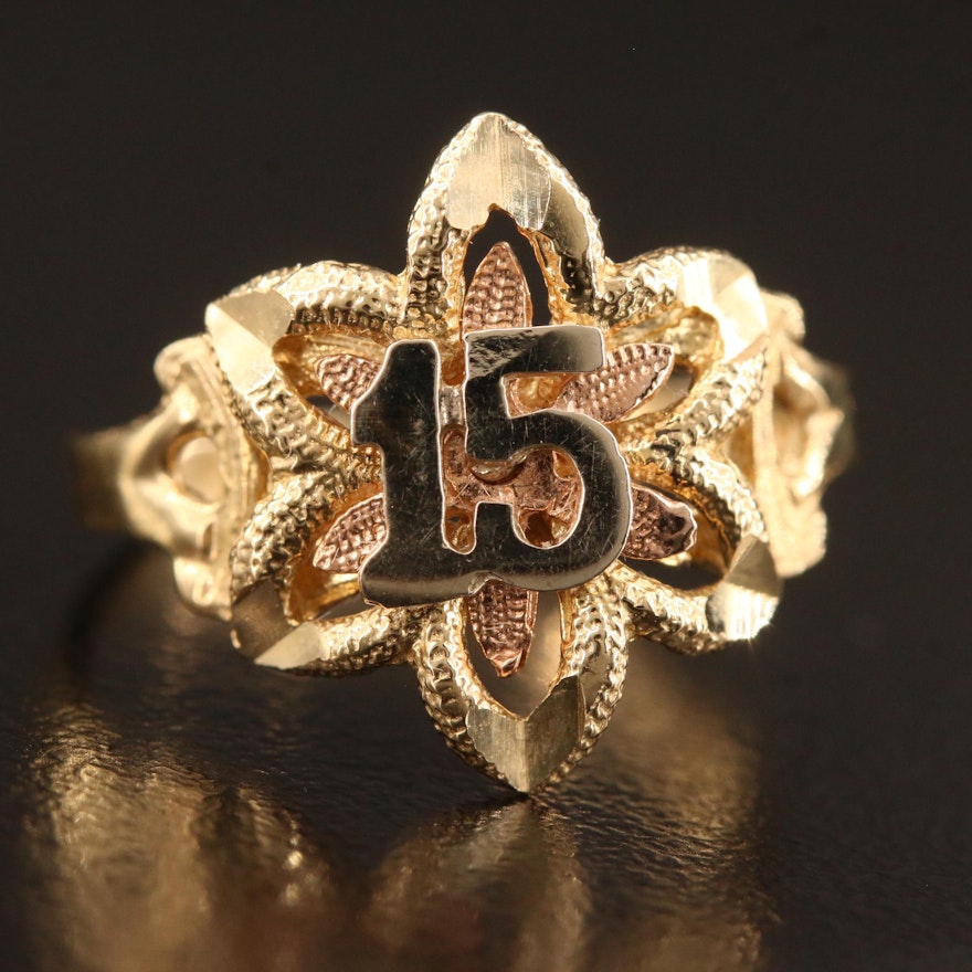 14K Tri-Color Gold Quinceañera Ring