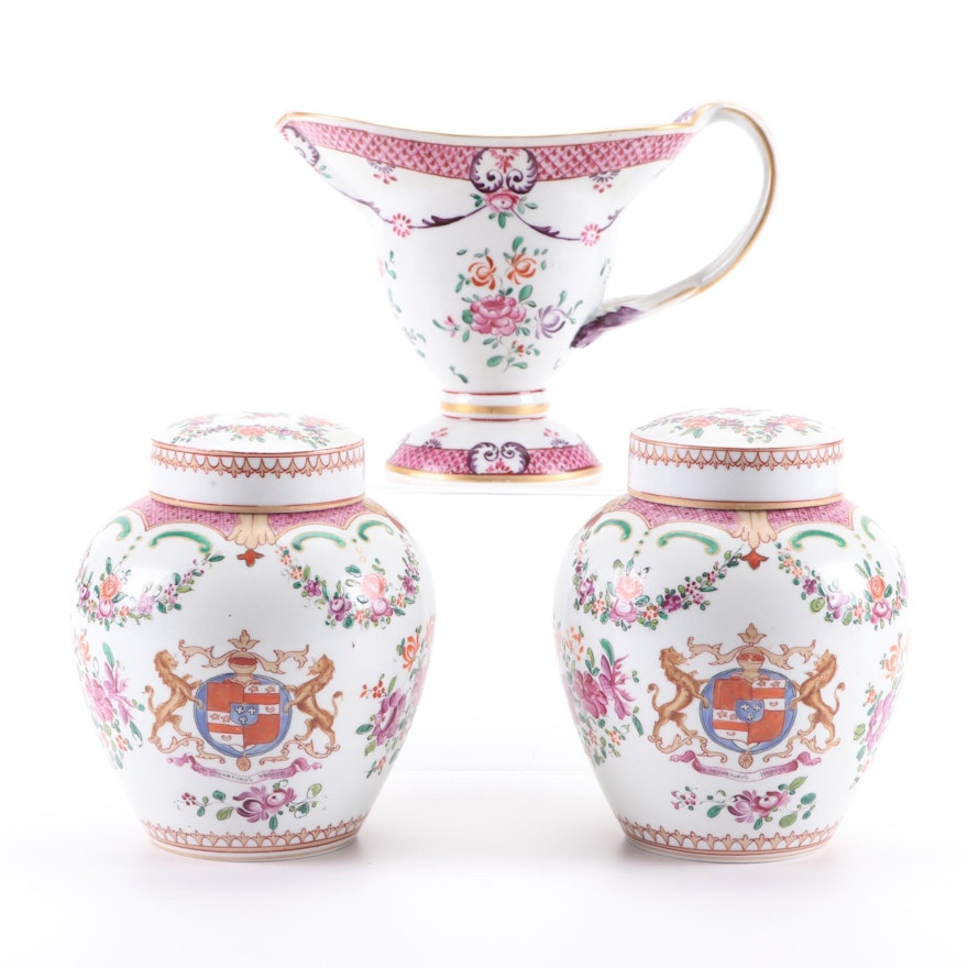 Edmé Samson Chinese Export Style Armorial Sauce Boat and Ginger Jars, 19th C.