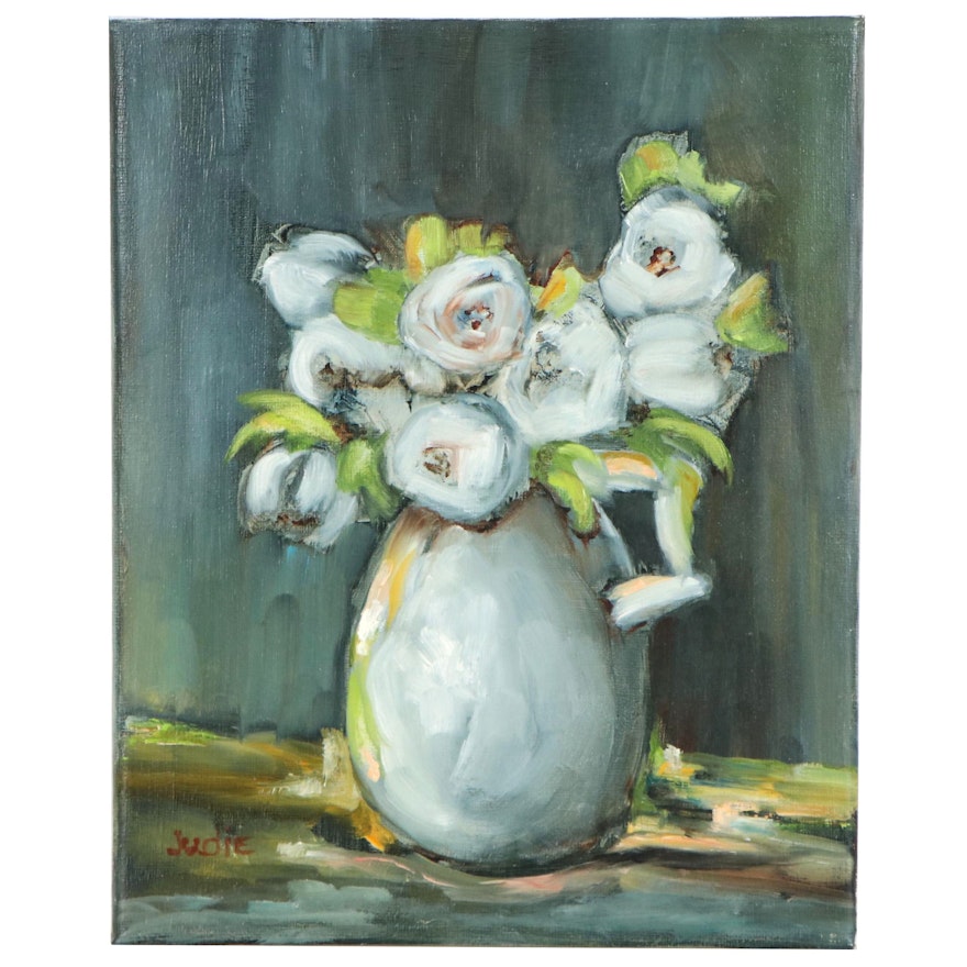 Judie Mulkey Floral Still Life Oil Painting of White Flowers in Vase