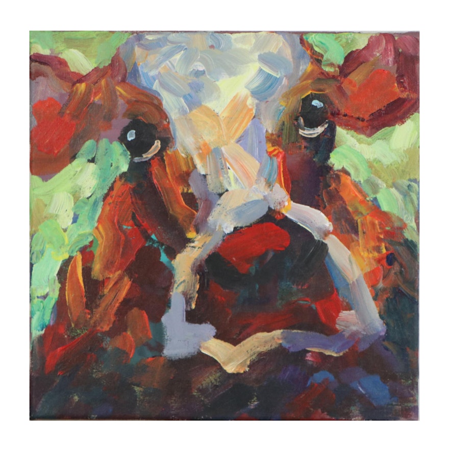 Elle Raines Cow Portrait Acrylic Painting, 21st Century