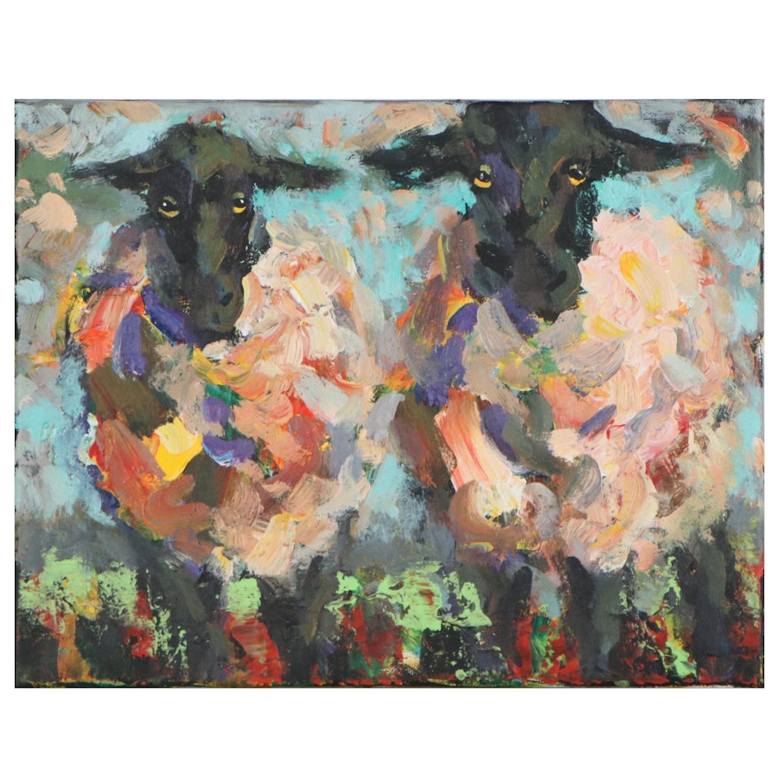 Elle Raines Acrylic Painting of Two Sheep