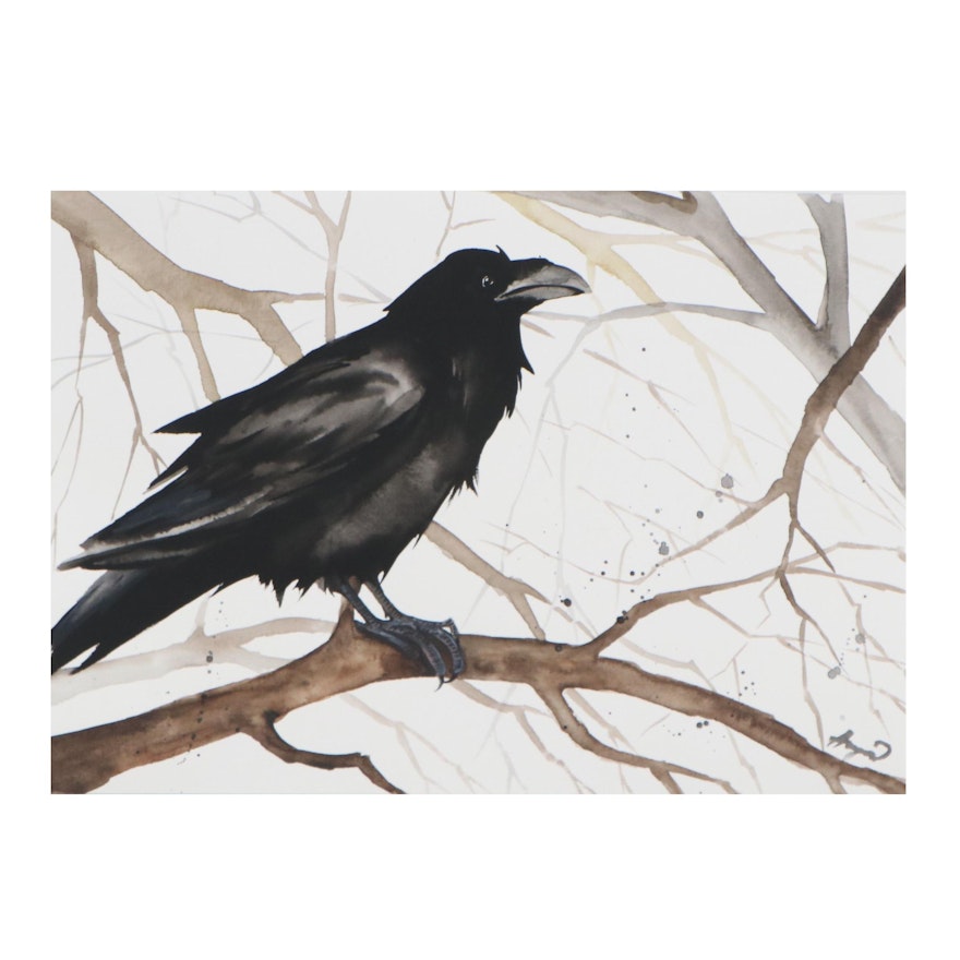 Anne Gorywine Watercolor Painting of Raven on Tree Branch