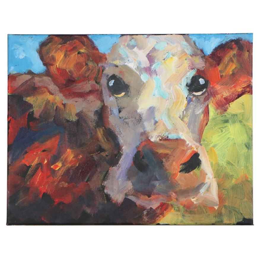 Elle Raines Cow Portrait Acrylic Painting, 21st Century