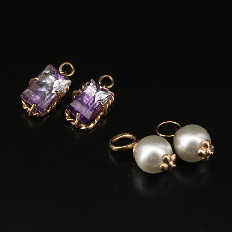 14K and 10K Amethyst and Imitation Pearl Earring Enhancers