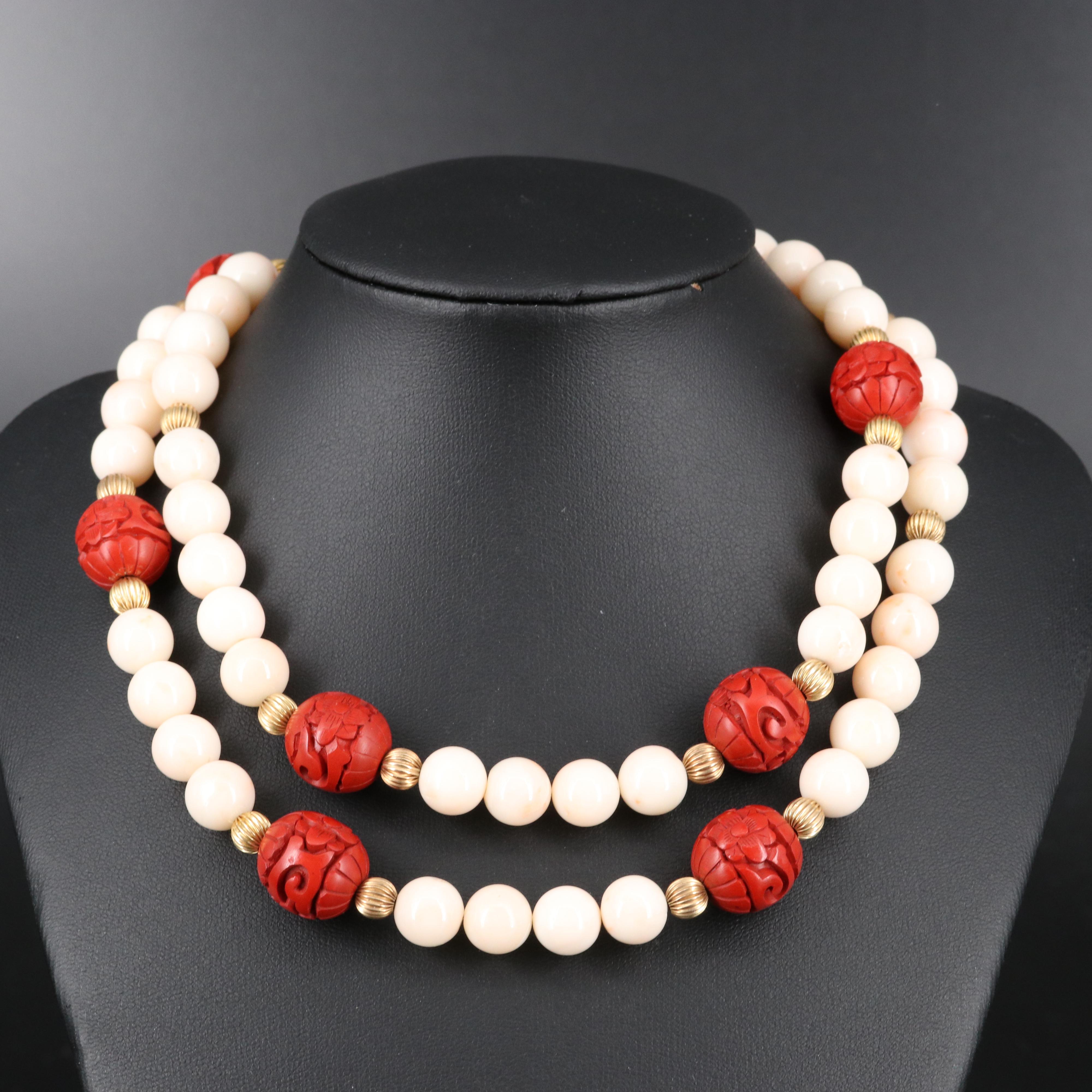 Beaded Coral and Chinese Lacquer Necklace
