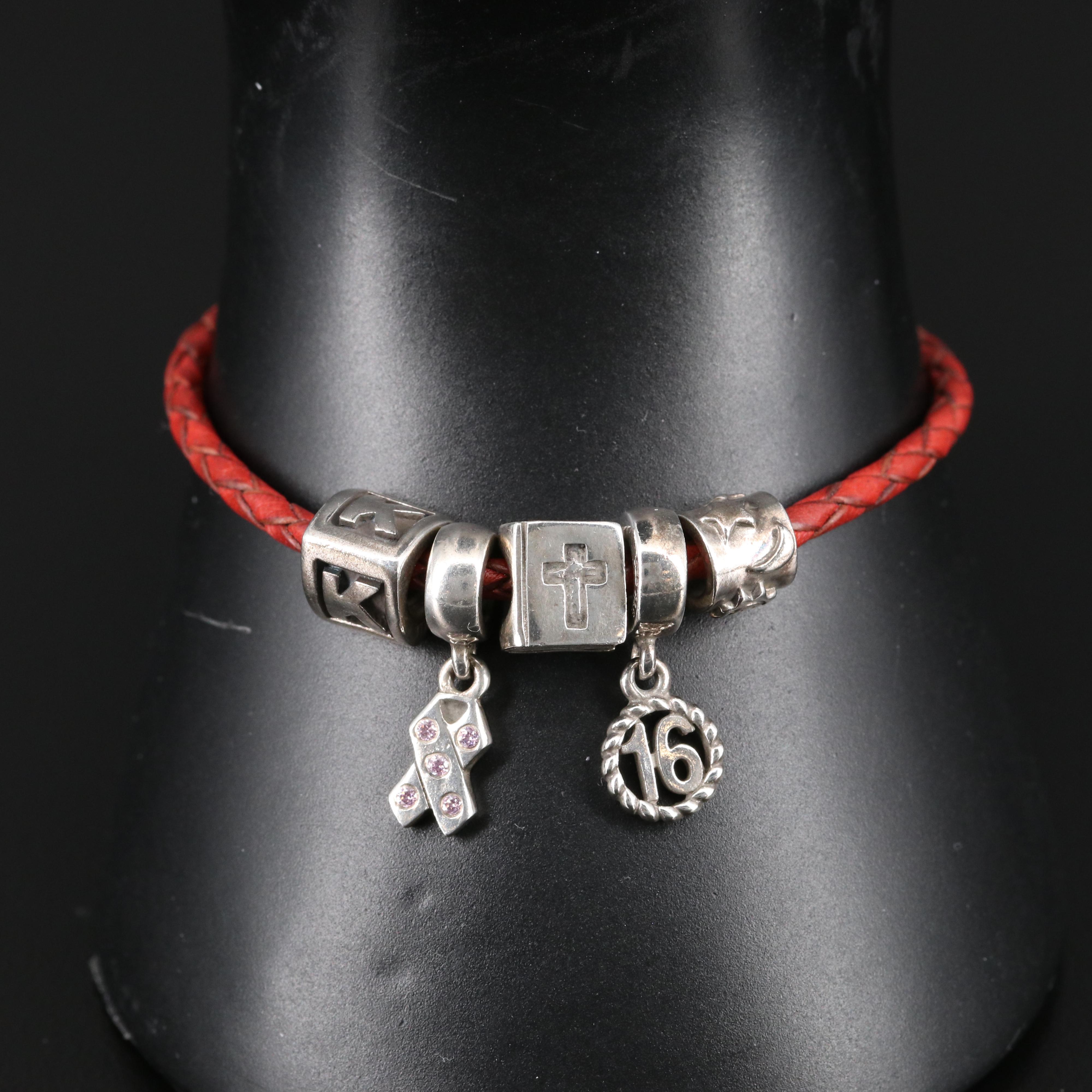 Pandora Sterling and Leather Charm Bracelet with Bible and 'K' Charms