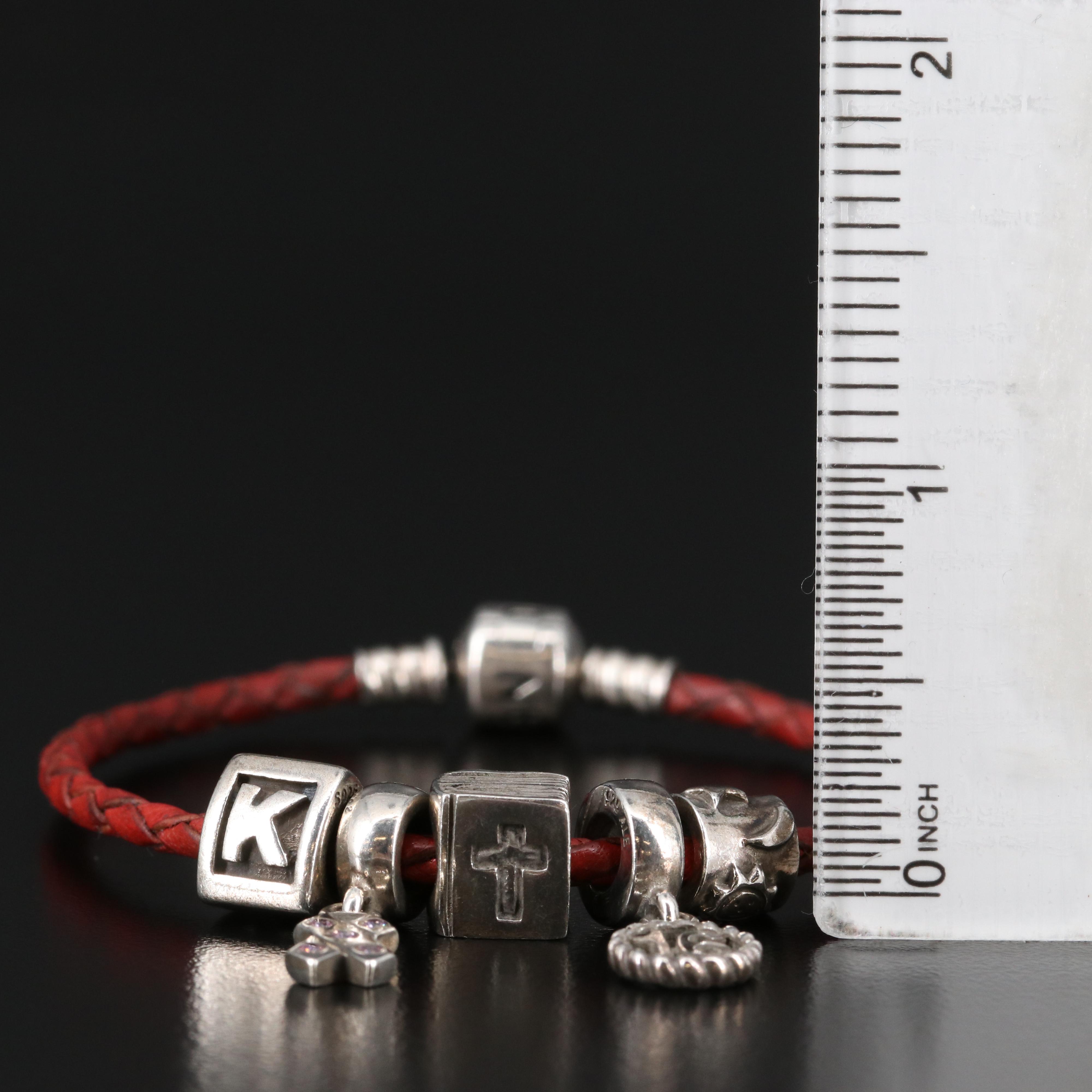 Pandora Sterling and Leather Charm Bracelet with Bible and 'K' Charms