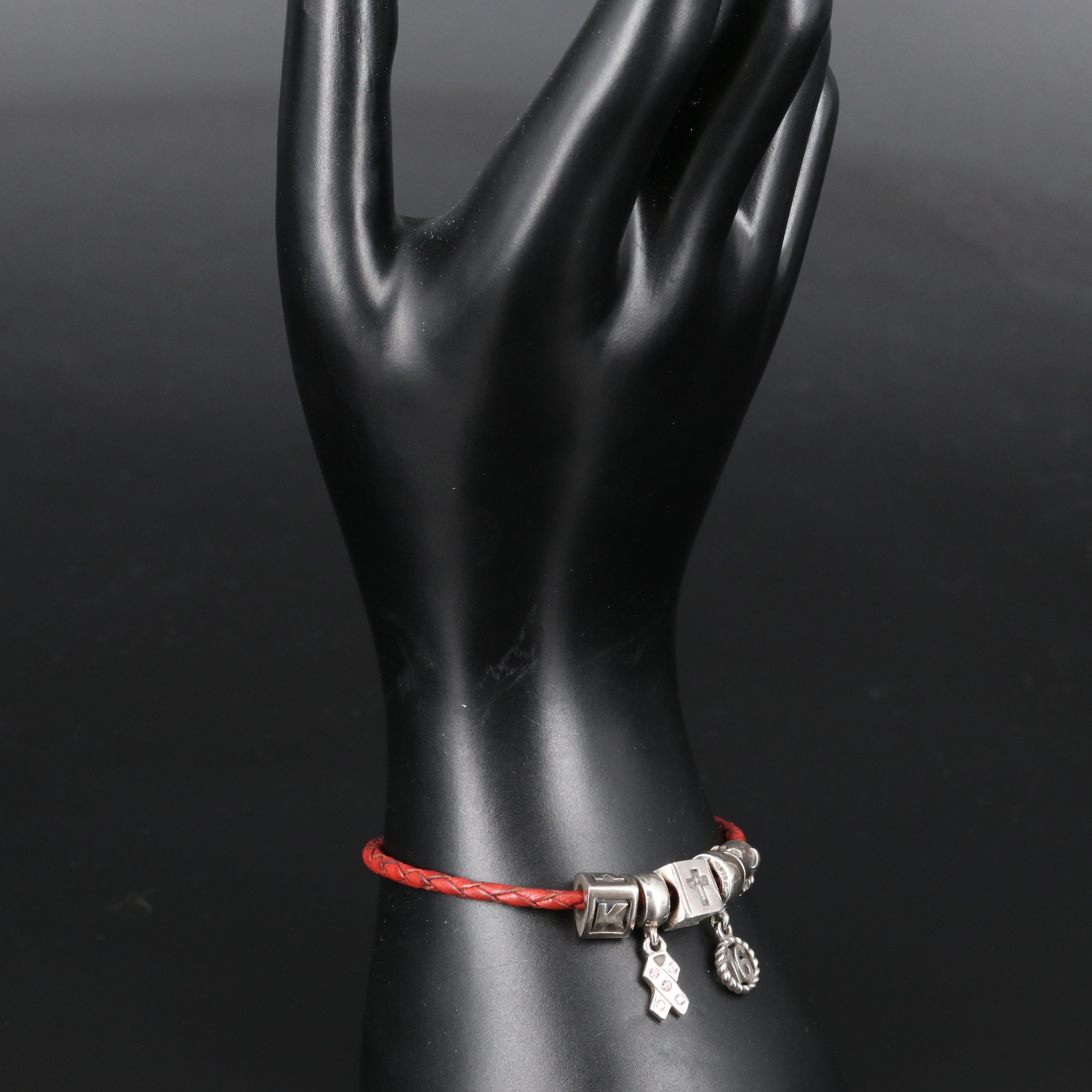 Pandora Sterling and Leather Charm Bracelet with Bible and 'K' Charms