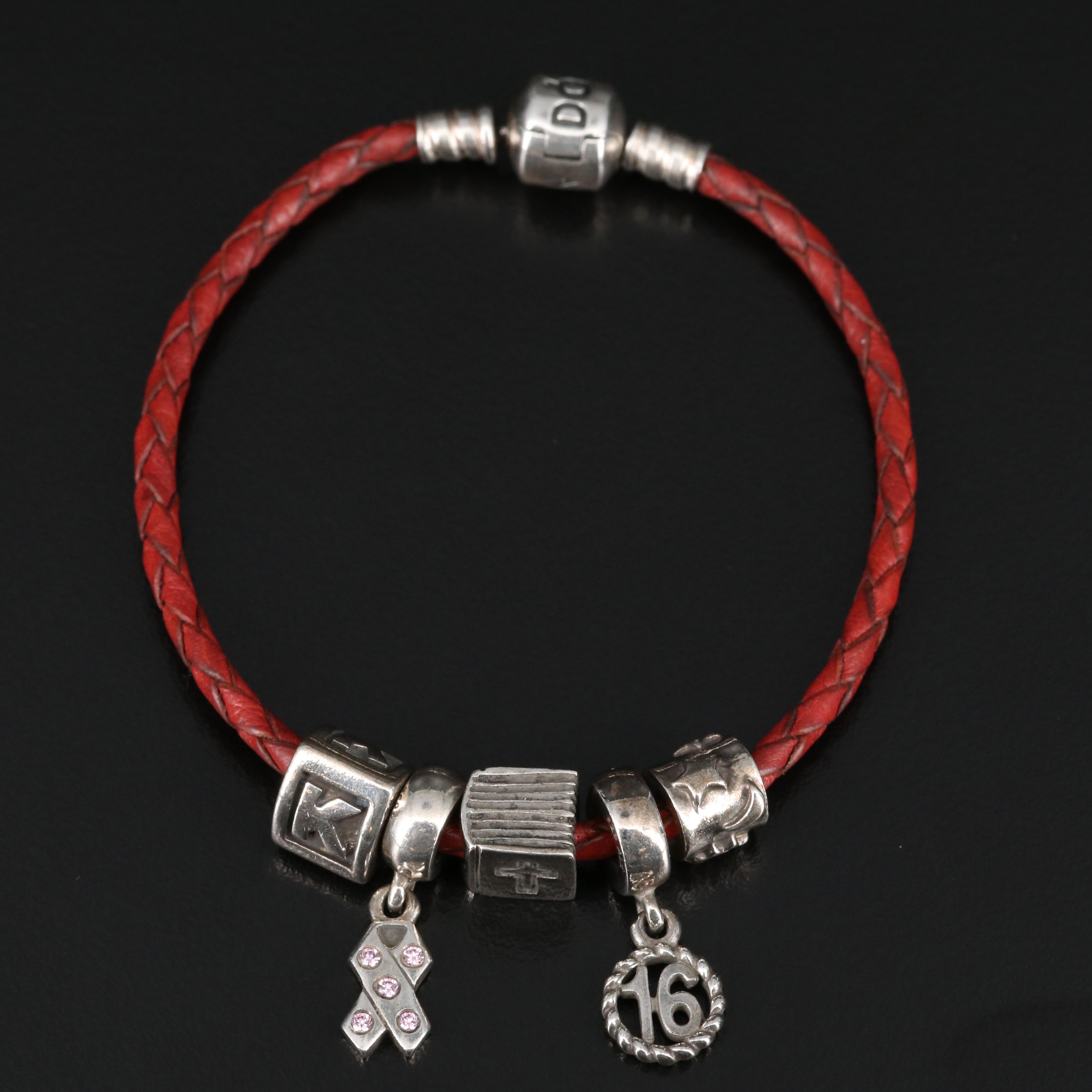 Pandora Sterling and Leather Charm Bracelet with Bible and 'K' Charms