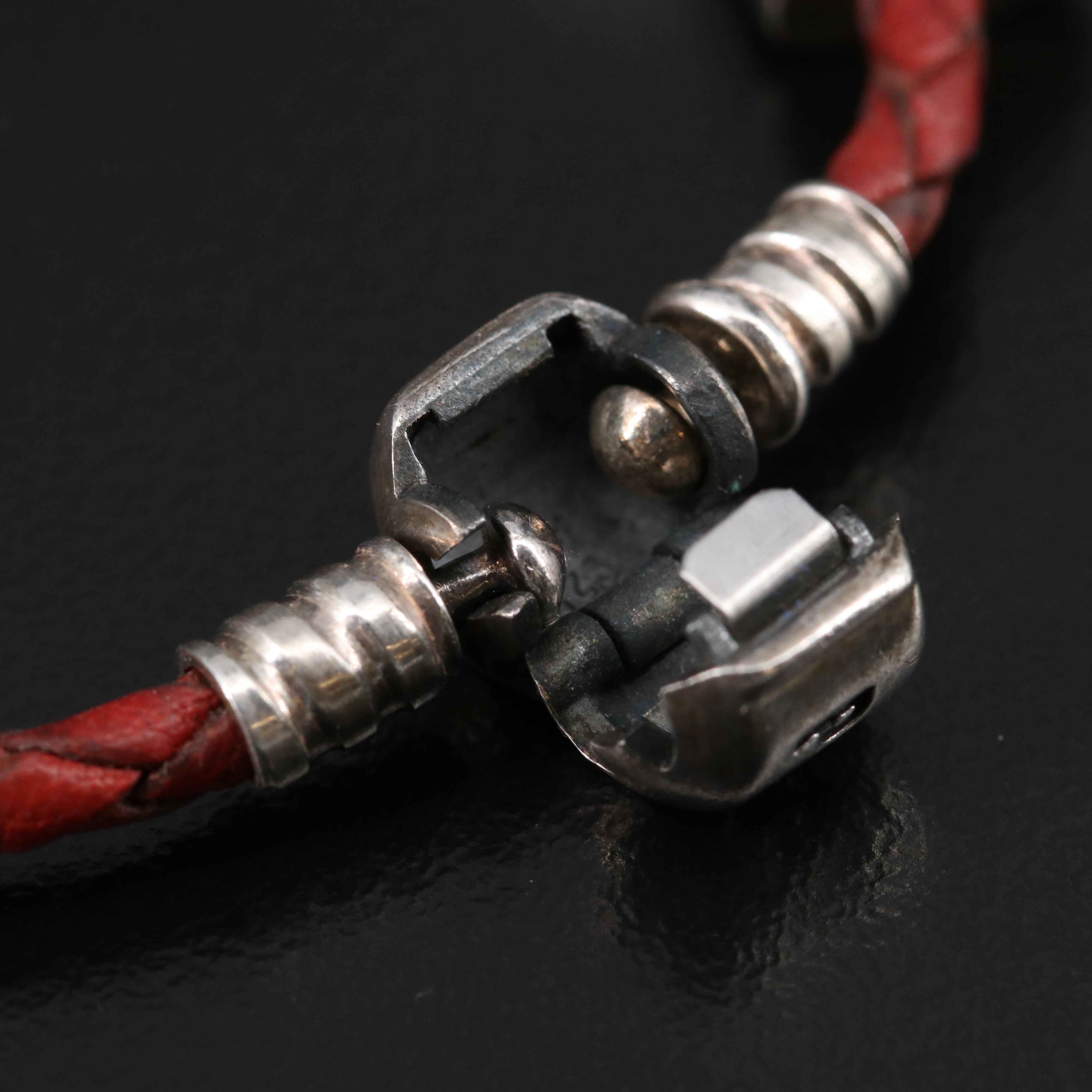 Pandora Sterling and Leather Charm Bracelet with Bible and 'K' Charms