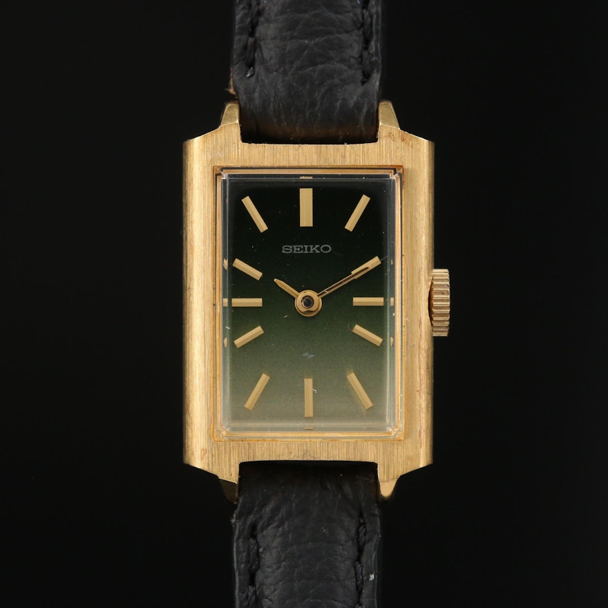 1979 Seiko Gradient Green Dial Gold Tone Stem Wind Wristwatch