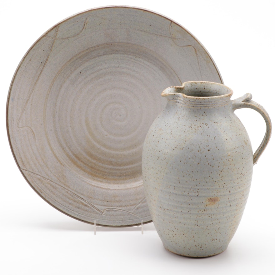 Follette Pottery Stoneware Pitcher and Serving Platter, Mid to Late 20th C.