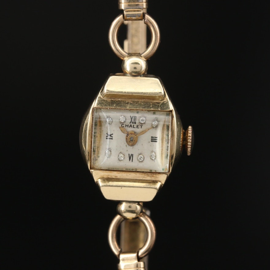 Vintage Chalet 14K Gold Stem Wind Wristwatch with 12K Gold Filled Bracelet
