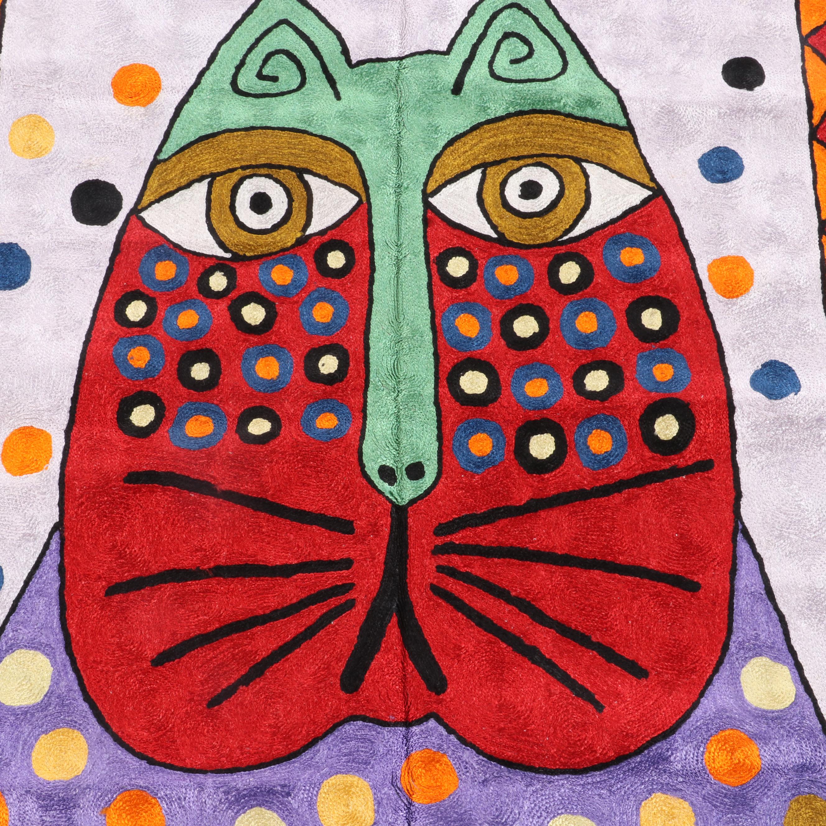 Indian Kashmiri Embroidered Cat Wall Hanging in the Manner of Laurel Burch