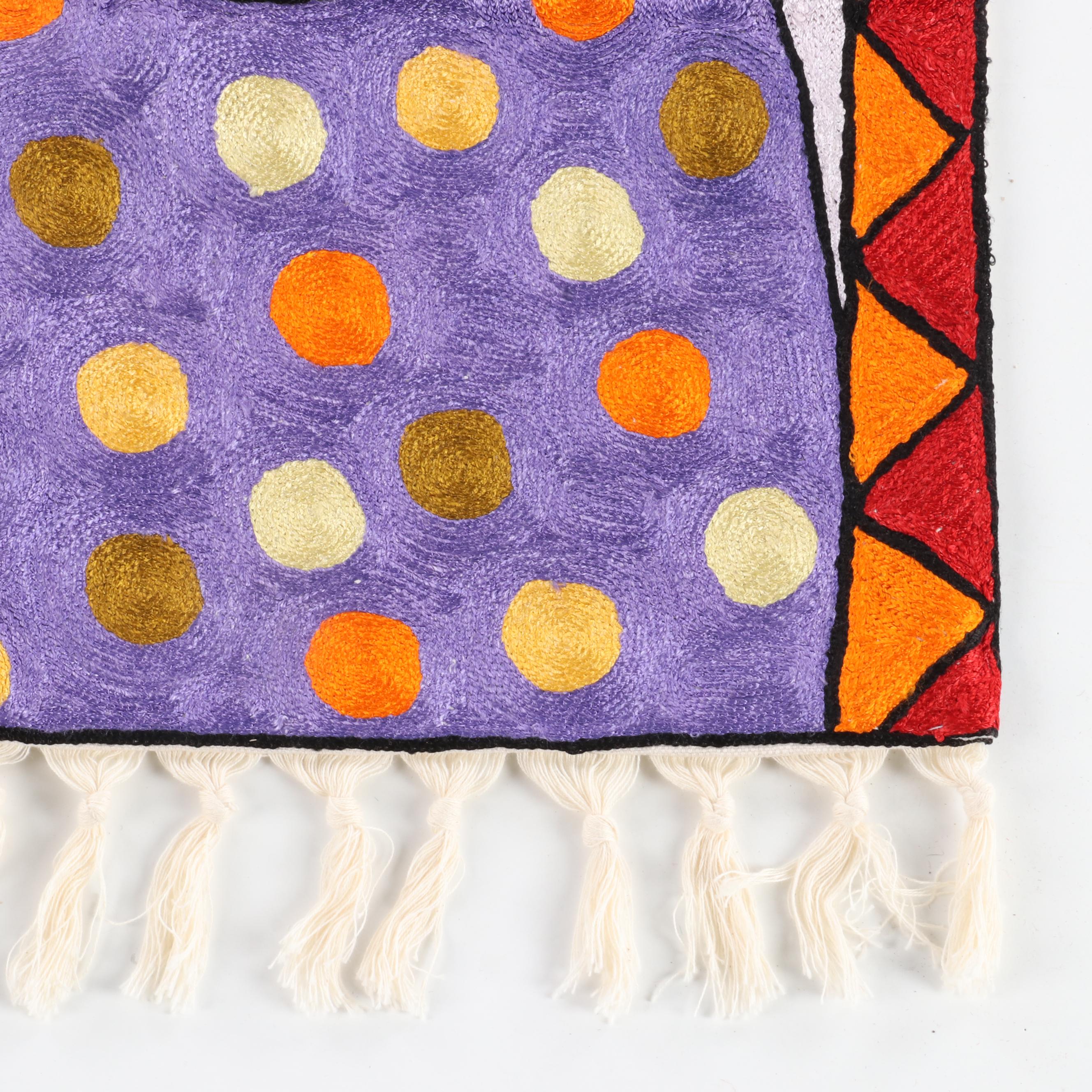 Indian Kashmiri Embroidered Cat Wall Hanging in the Manner of Laurel Burch