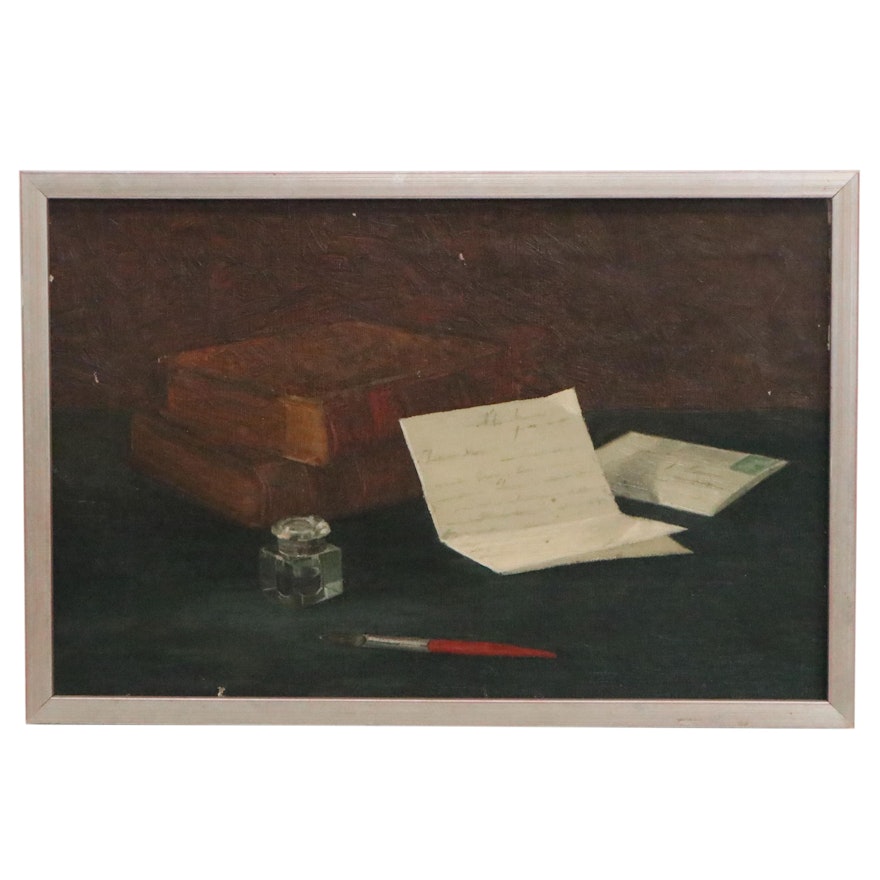 Still Life Oil Painting with Books and Inkwell, Early 20th Century