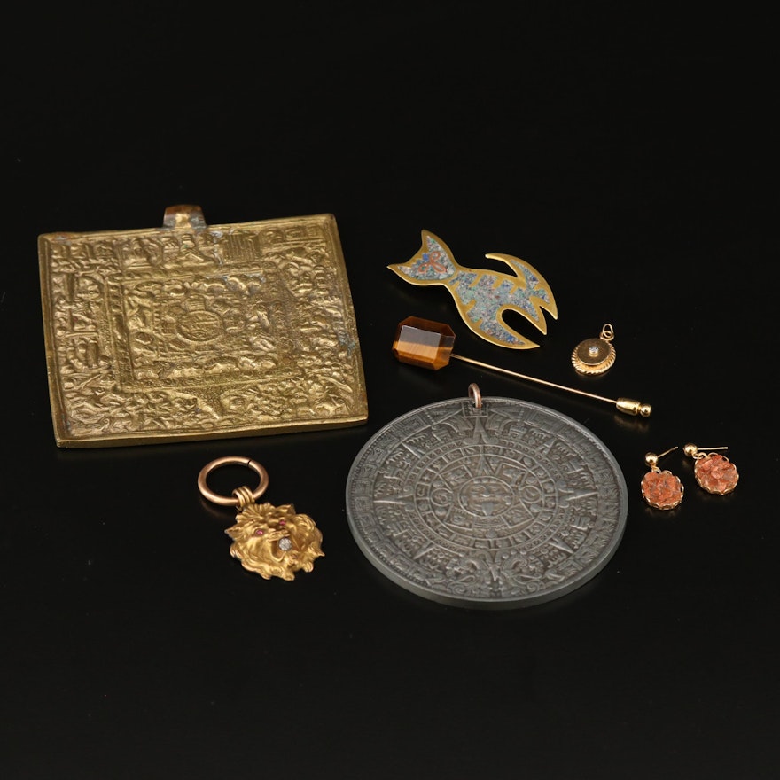 Aztec Calendar Medallion, Lion Pendant and Other Vintage Jewelry