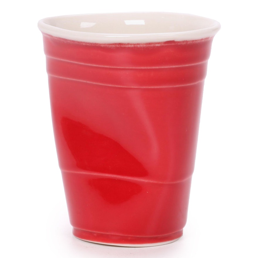 Three Rivers Clay Works Porcelain Crumpled Red Solo Cup Sculpture, 21st Century