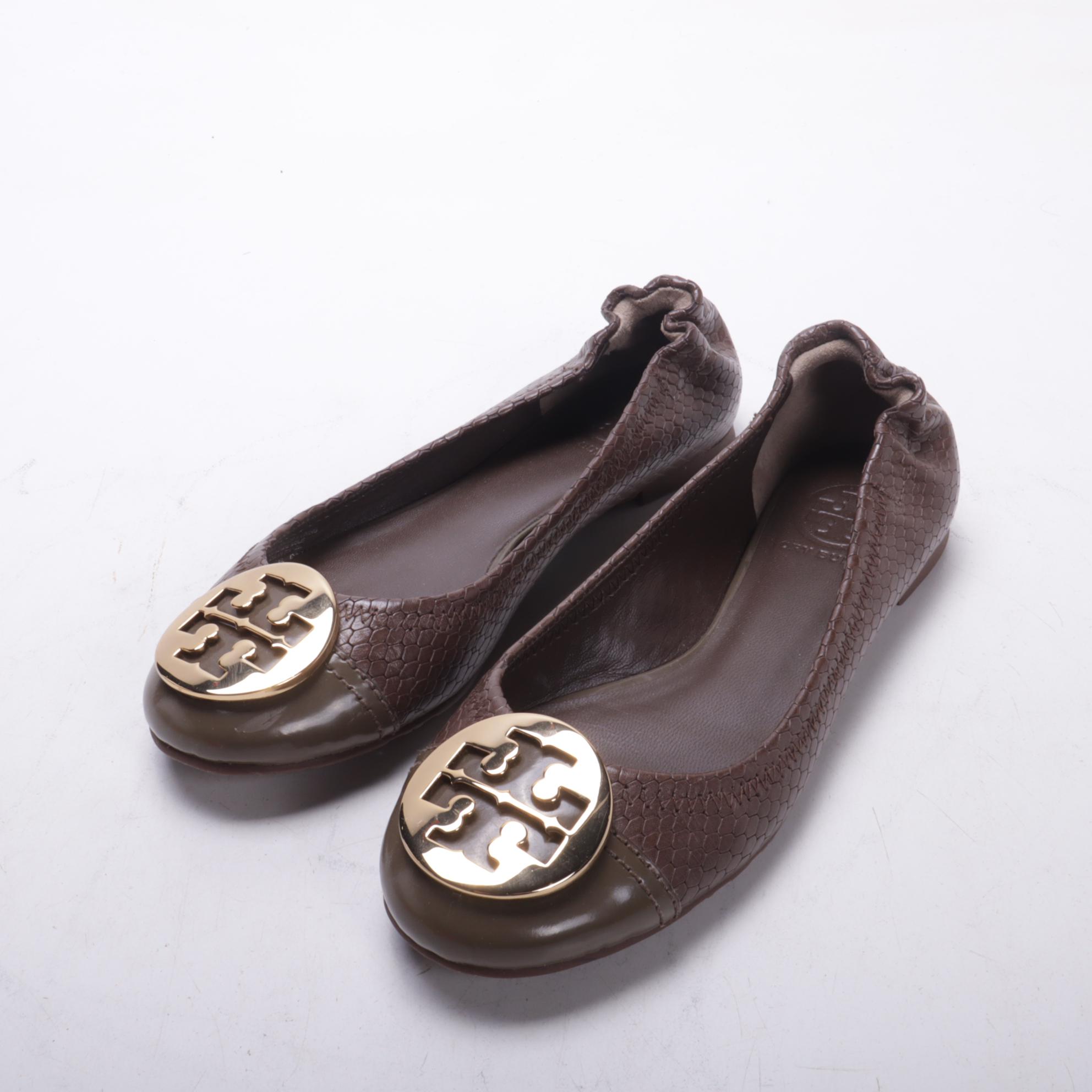 Tory Burch Serena Flats in Snakeskin Embossed and Smooth Box Calf Leather