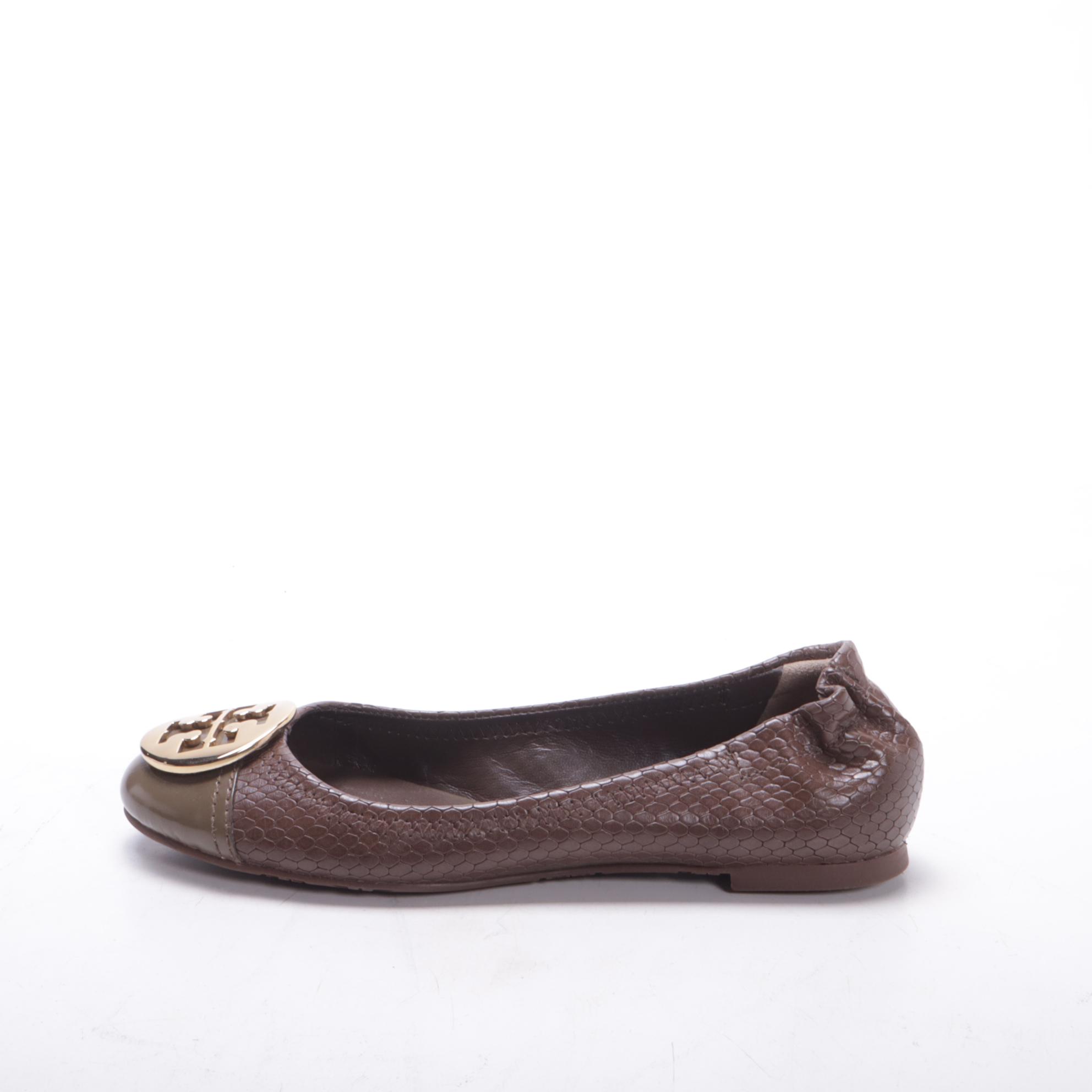 Tory Burch Serena Flats in Snakeskin Embossed and Smooth Box Calf Leather