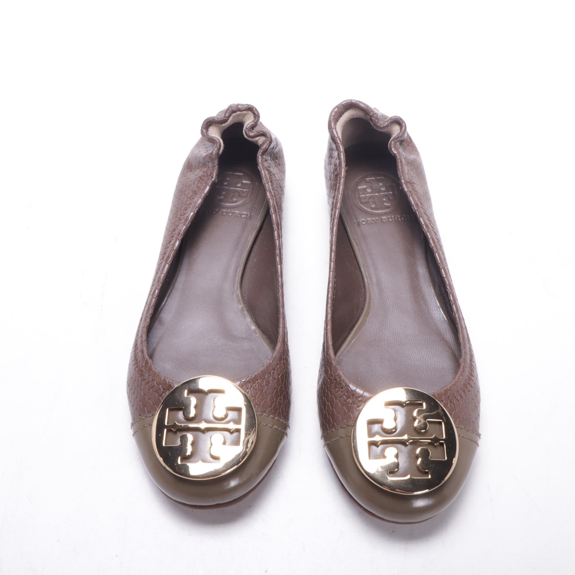 Tory Burch Serena Flats in Snakeskin Embossed and Smooth Box Calf Leather