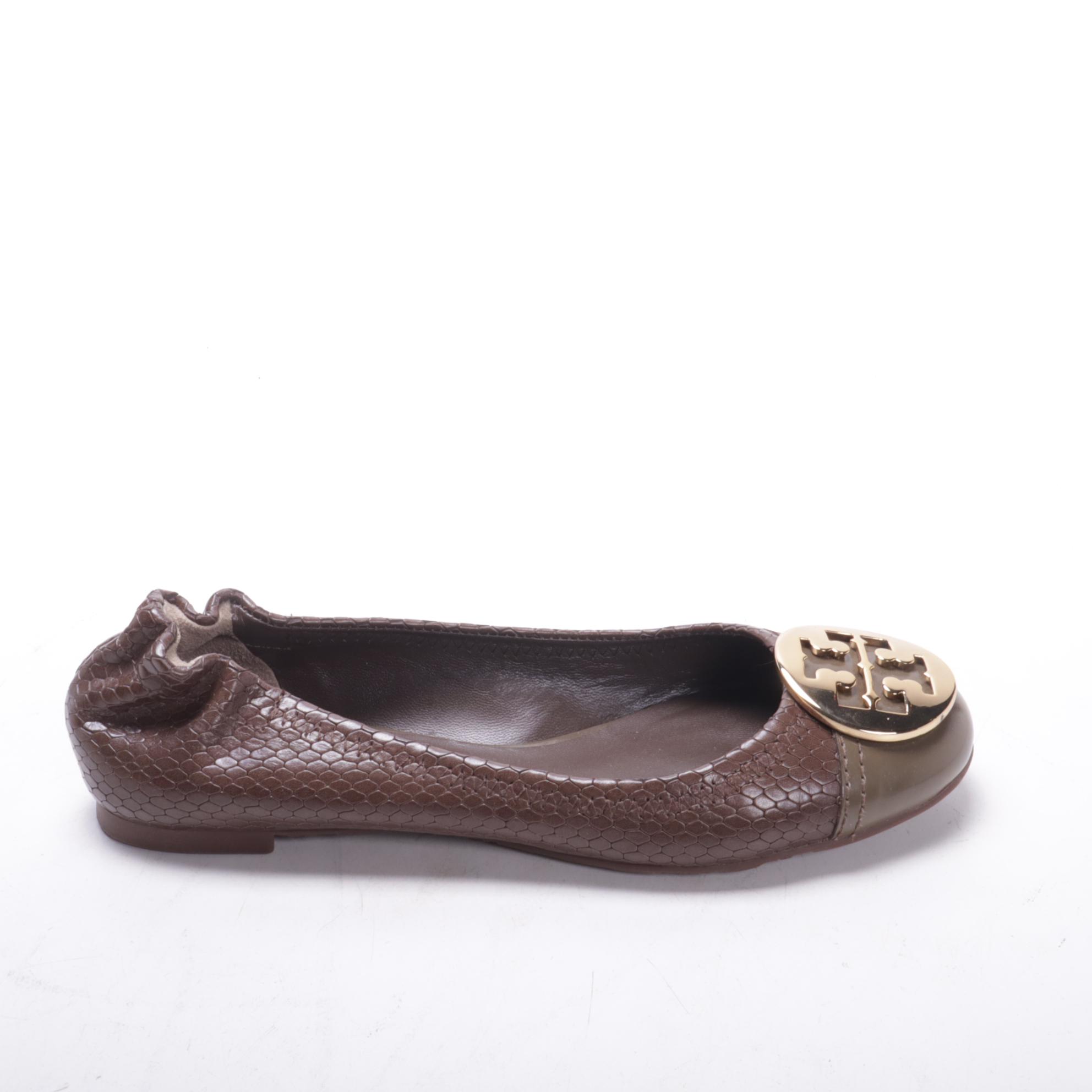 Tory Burch Serena Flats in Snakeskin Embossed and Smooth Box Calf Leather