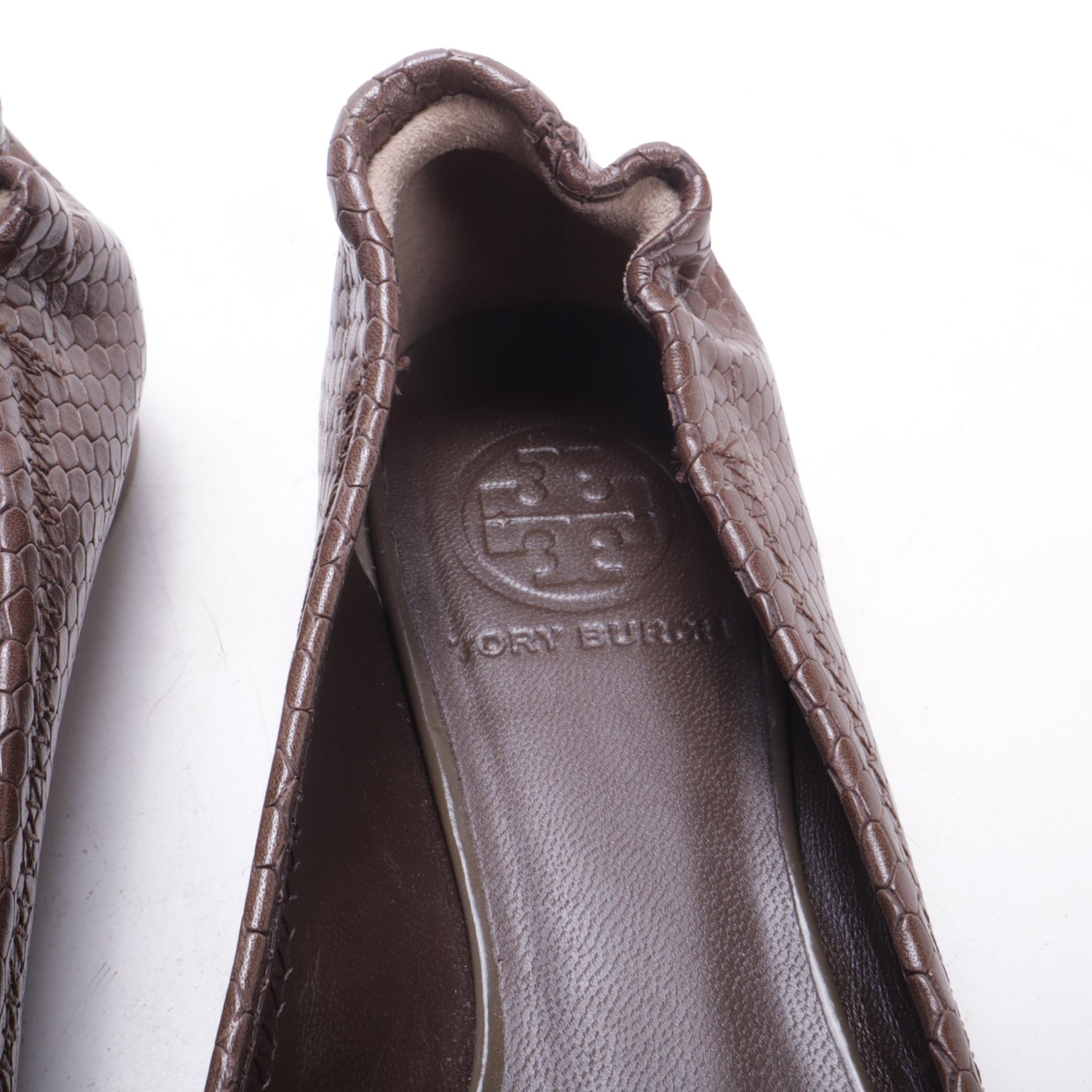 Tory Burch Serena Flats in Snakeskin Embossed and Smooth Box Calf Leather