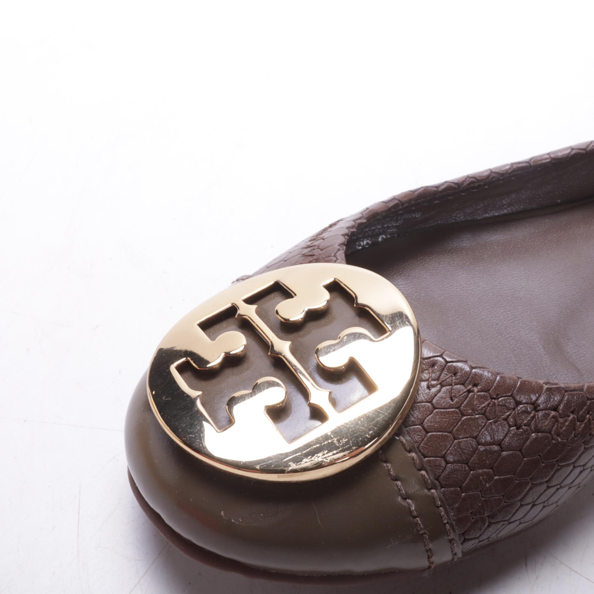 Tory Burch Serena Flats in Snakeskin Embossed and Smooth Box Calf Leather