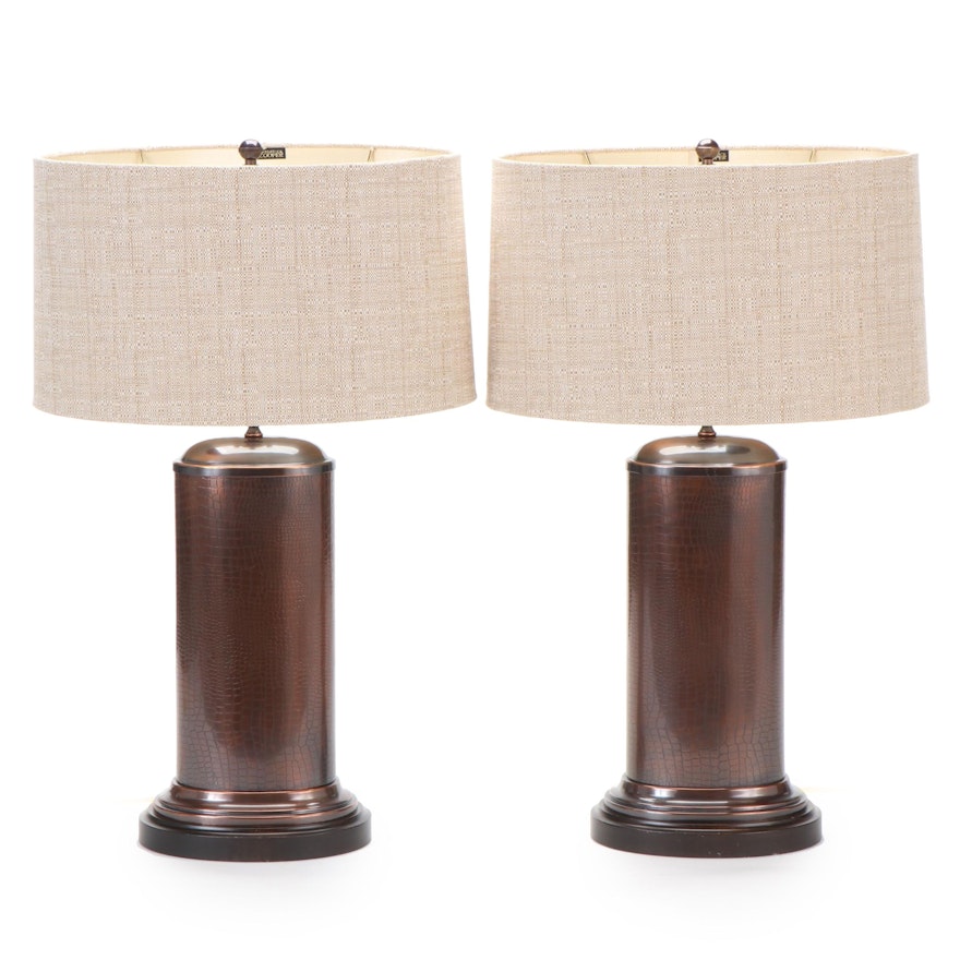 Pair of Frederick Cooper Embossed Alligator Cylinder Lamps, 2004