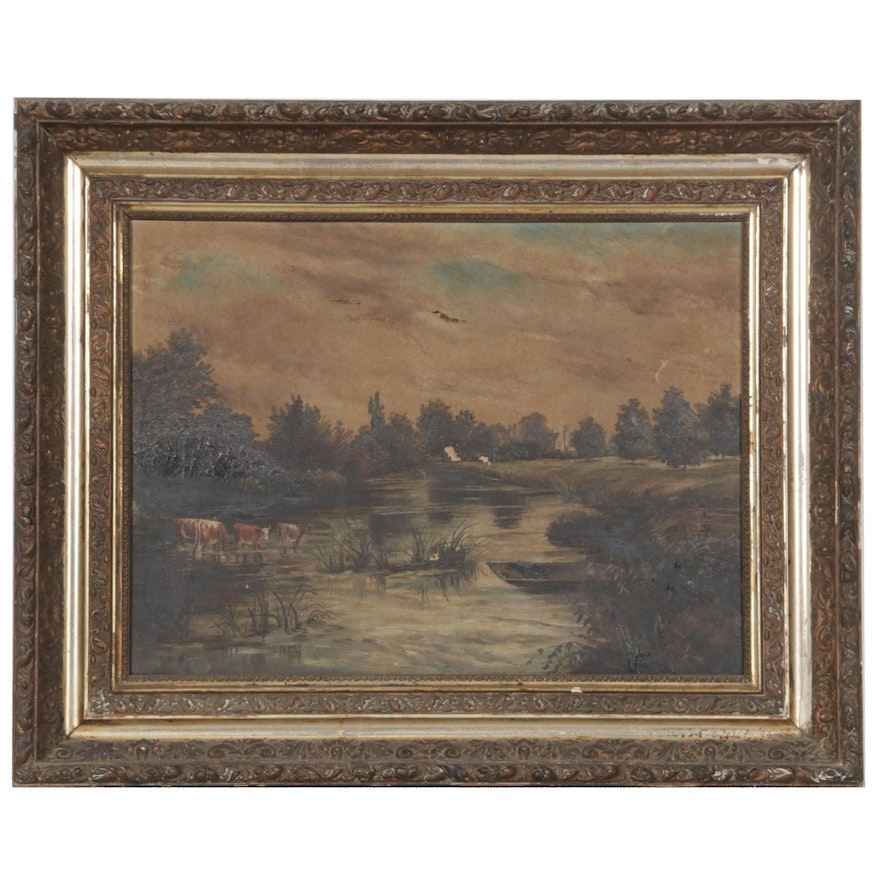 Oil Painting of River Landscape with Livestock, Mid to Late 19th Century