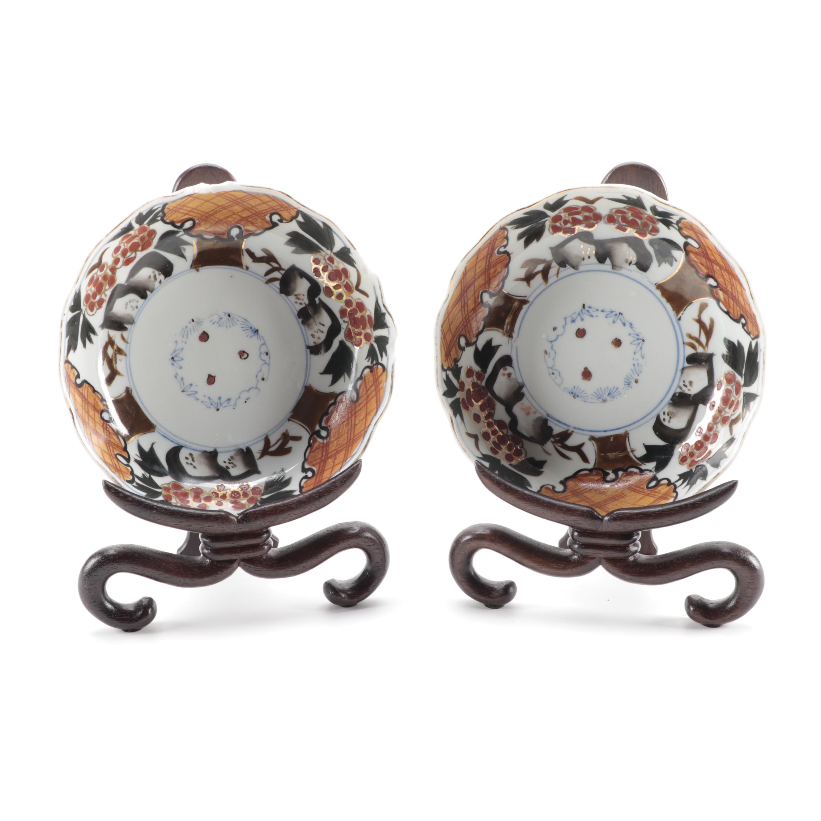 Japanese Imari  Porcelain Bowls with Wooden Stands, Antique