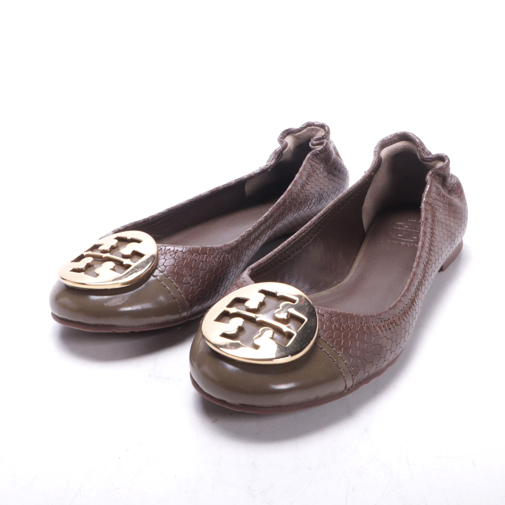 Tory Burch Serena Flats in Snakeskin Embossed and Smooth Box Calf Leather