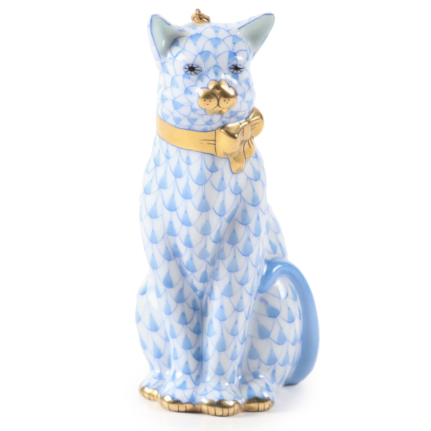 Herend First Edition Blue Fishnet "Cat with Ribbon" Porcelain Ornament, 1996