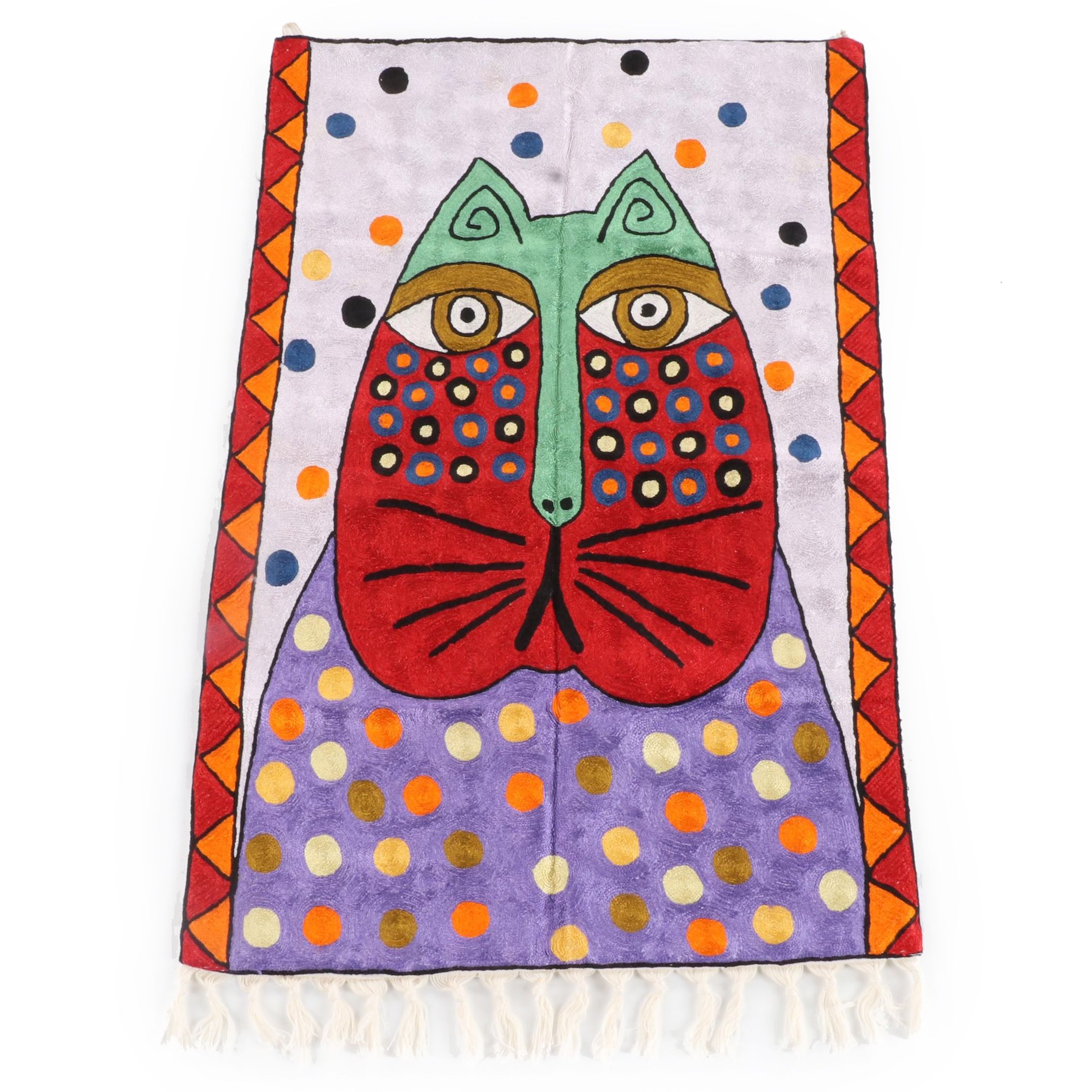 Indian Kashmiri Embroidered Cat Wall Hanging in the Manner of Laurel Burch