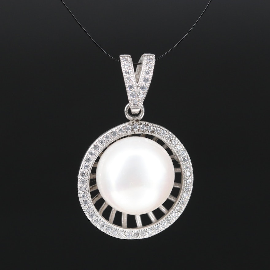 Sterling Silver Pearl and Cubic Zirconia Pendant