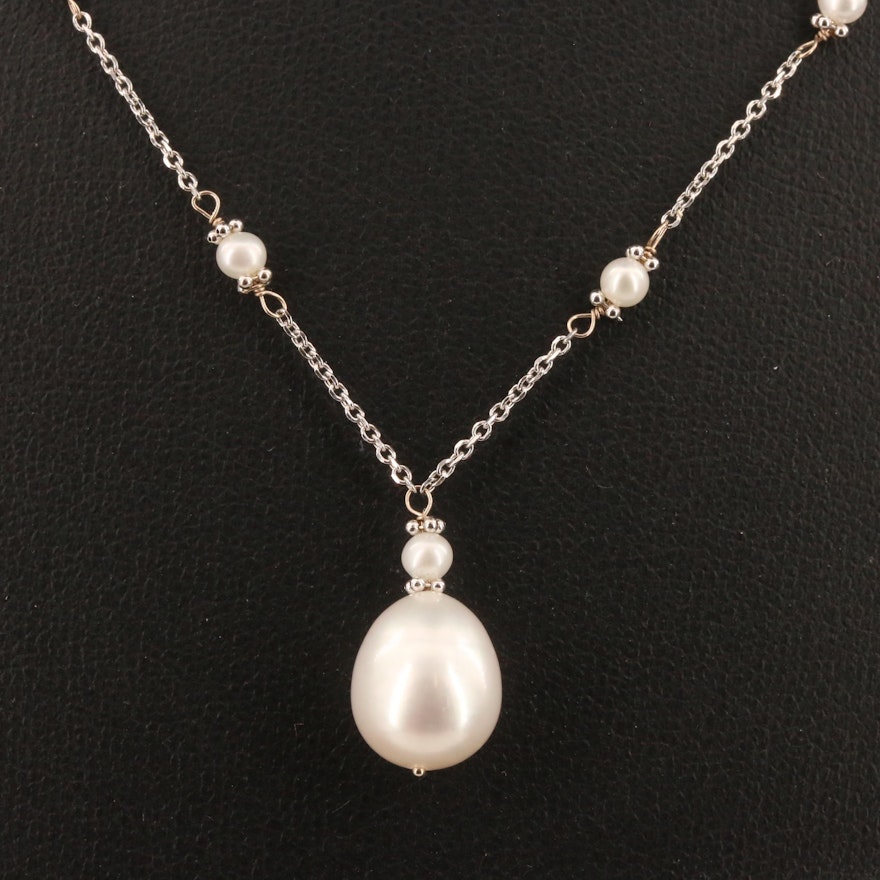 14K Pearl Station Necklace with Drop Pearl Pendant
