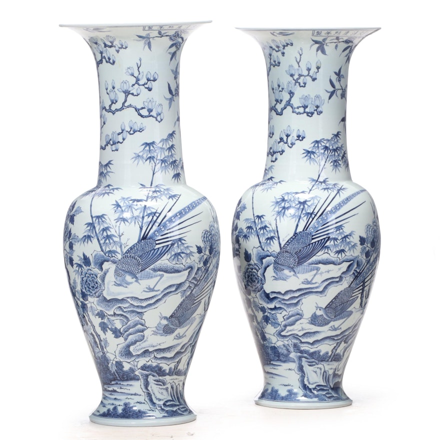 Chinese Kangxi Style Blue on Celadon Porcelain Floor Vases, Late 20th Century