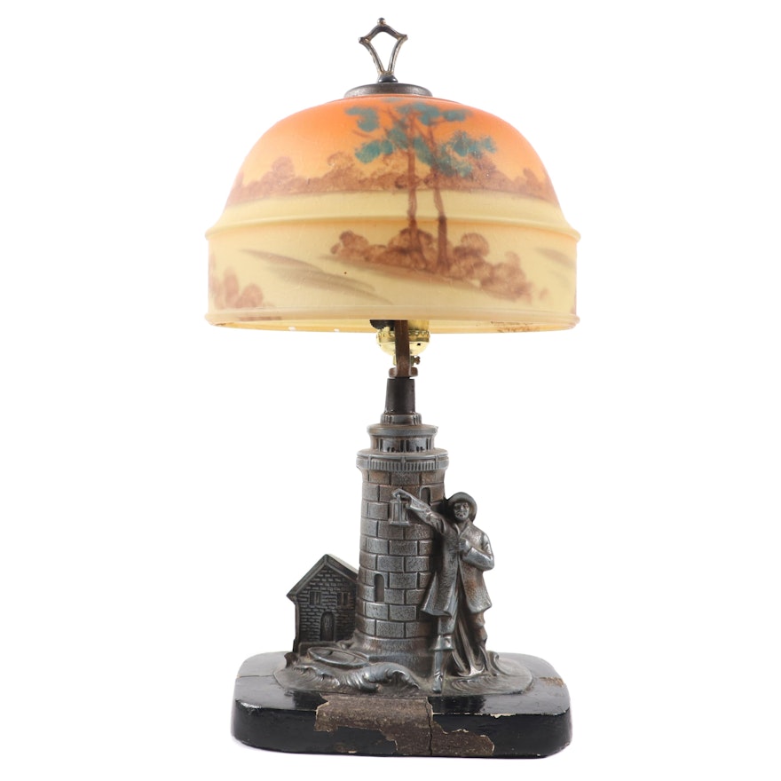 Lighthouse Lamp with Reverse Painted Glass Shade, Late 19th/Early 20th C.