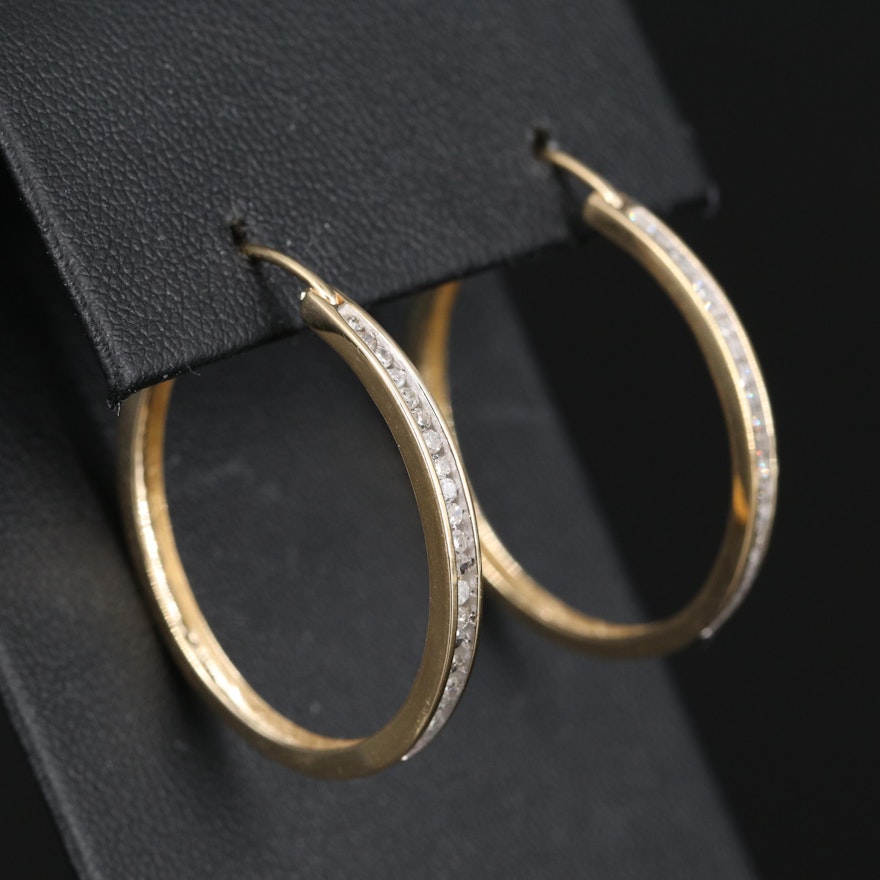 14K Channel Set Diamond Hoop Earrings