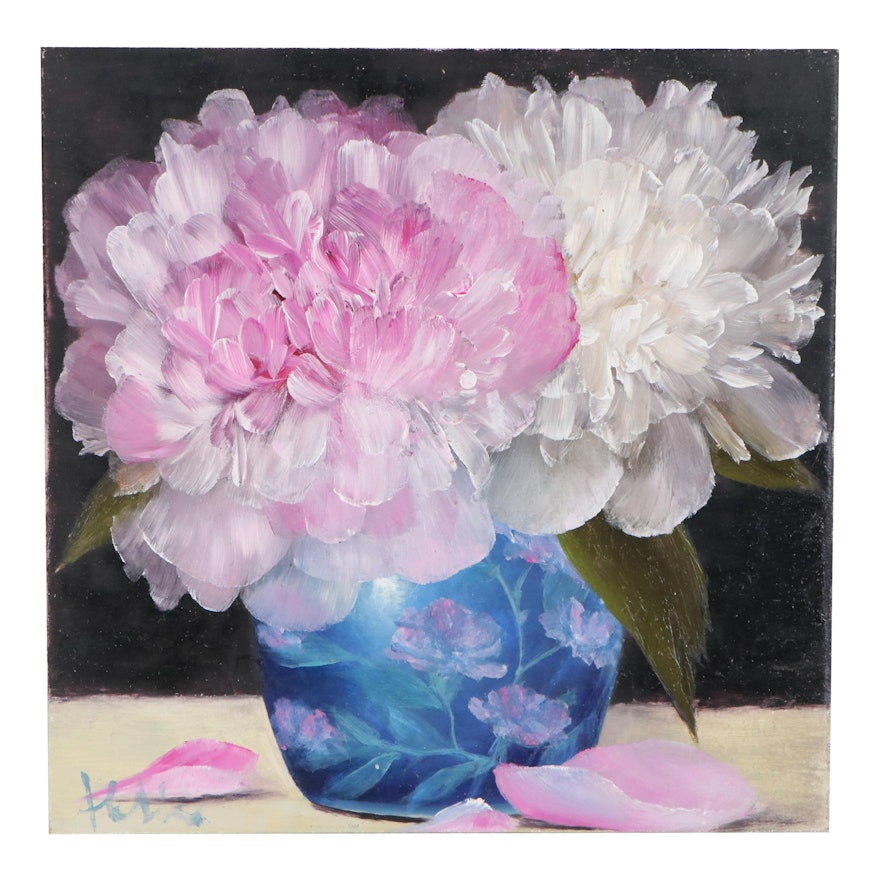 Thuthuy Tran Oil Painting "Peonies and Blue Vase," 2020